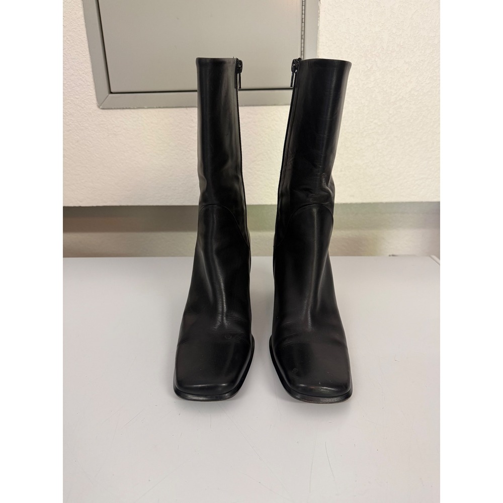 Via Spiga Black Leather Square Toe Block Heel Mid-Calf Boots Made in Italy 9.5M